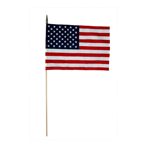 12 Pack - 12 in. X 18 in. U.S. Flag - 3/8 X 30 in. Natural Wood Staff & Gold Spear tip - The Flag Lady