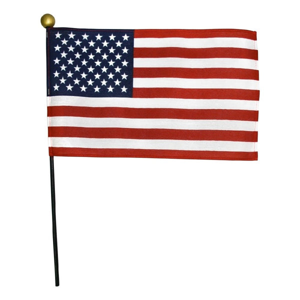 12 Pack 4 in. X 6 in. Cotton Muslin U.S. Flag Mounted on a 3/16 in. X 10 in. Back Staff with Gold Ball - The Flag Lady