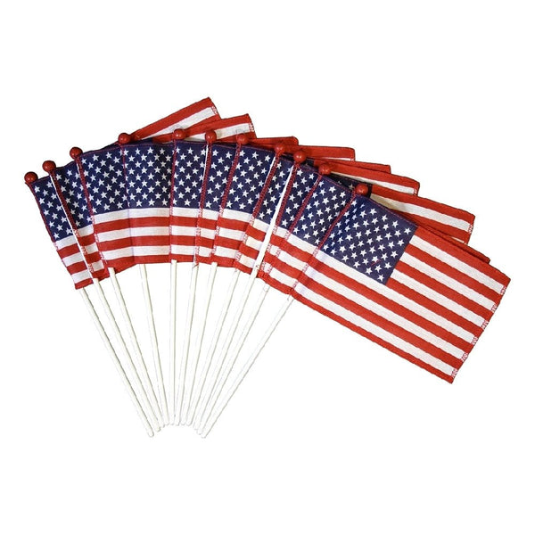 12 Pack 4 in. X 6 in. Verona Brand U.S. Flag Mounted on a 3/16 in. X 10 in White Staff with Red Ball - The Flag Lady