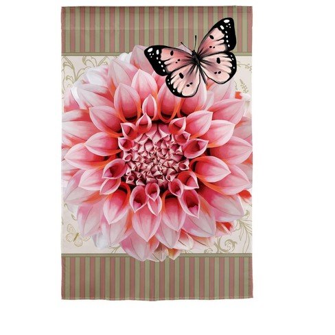 28x40 in Dahlia and Butterfly Burlap House Flag - The Flag Lady