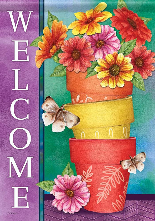 28x40 in "Welcome" Stacked Pots Suede House Banner - The Flag Lady