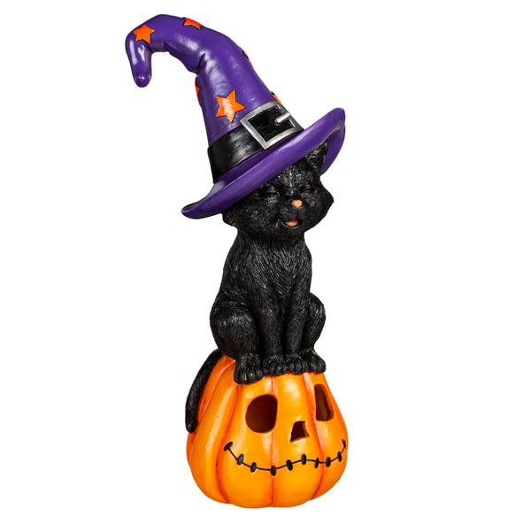 Cat on Jack O' Lantern with Witch Hat LED Statue - The Flag Lady