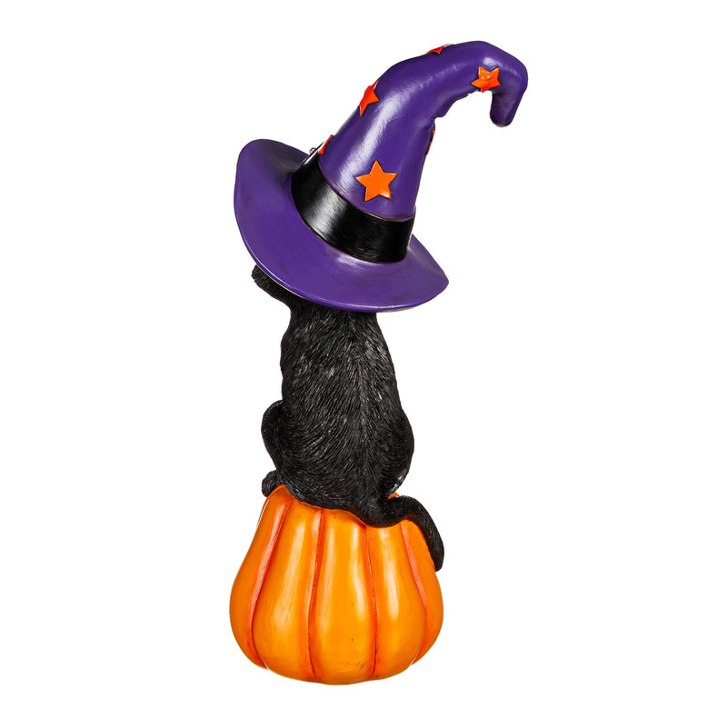 Cat on Jack O' Lantern with Witch Hat LED Statue - The Flag Lady