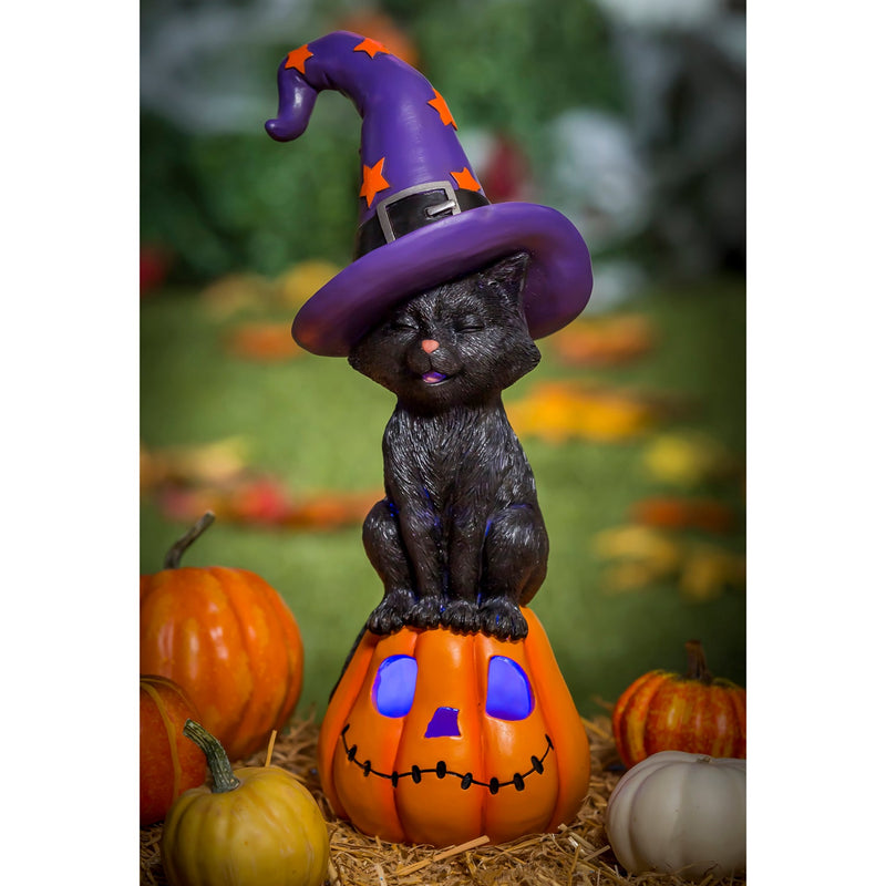 Cat on Jack O' Lantern with Witch Hat LED Statue - The Flag Lady