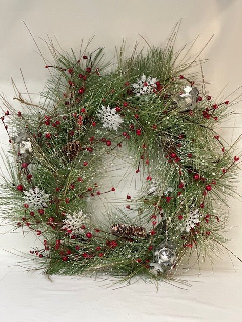 Flocked Snowflake Wreath w/ Berries - The Flag Lady