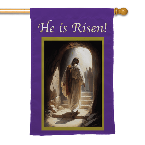 He is Risen: Jesus Walking out of Tomb Flags - The Flag Lady