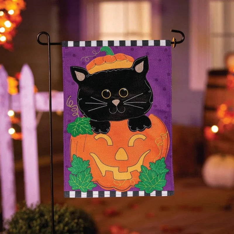 Jack O'Lantern Black Cat Burlap Garden Flag - The Flag Lady