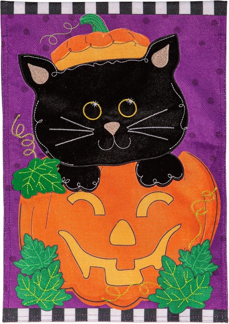 Jack O'Lantern Black Cat Burlap Garden Flag - The Flag Lady