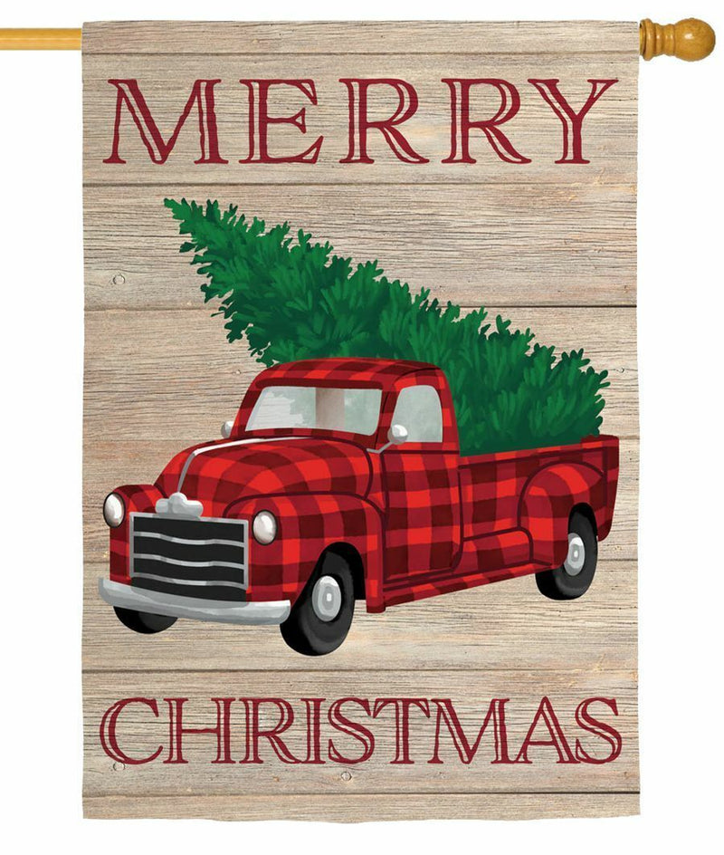 Merry Christmas Plaid Truck Linen Banner - The Flag Lady