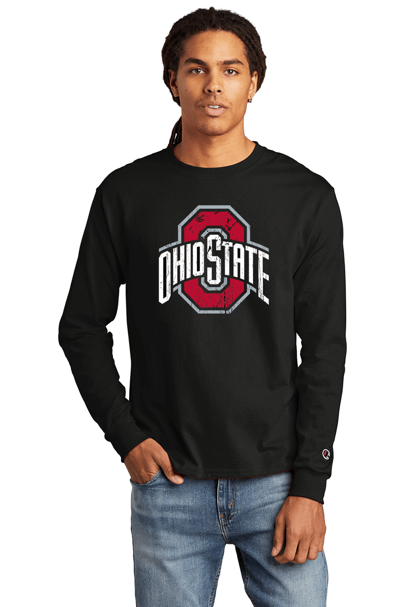 Ohio State Distressed Logo Black Long Sleeve T - Shirt - The Flag Lady