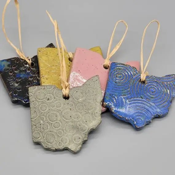 Ohio State Shaped Handmade Stoneware Ceramic Ornaments - Asst. Colors - The Flag Lady