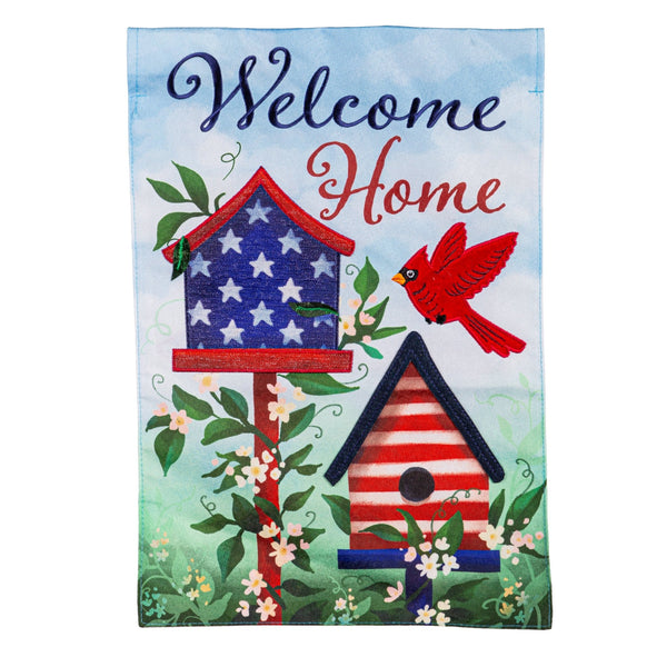 Patriotic Bird House Welcome Linen Garden Flag - The Flag Lady