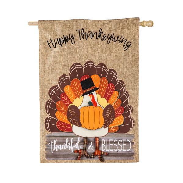 Thankful & Blessed Turkey Burlap Banner - The Flag Lady