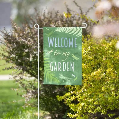 Welcome Dragonfly Garden Burlap Flag - The Flag Lady