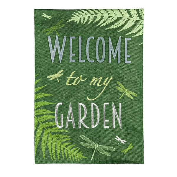 Welcome Dragonfly Garden Burlap Flag - The Flag Lady