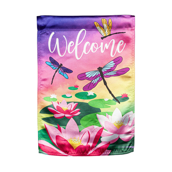 Welcome Dragonfly w/ Lily Pads Garden Lustre Flag - The Flag Lady